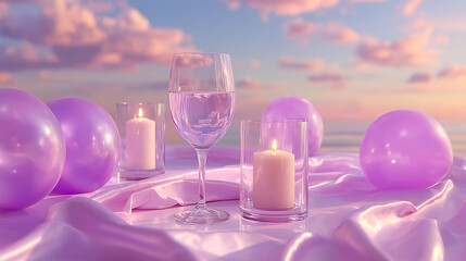 Romantic ambiance with candles, wine glass, and balloons, perfect for celebrations, proposals, or luxury events with soft lighting