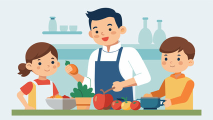 A dad showing his kids how to make a delicious and balanced meal instilling healthy habits from a young age.. Vector illustration
