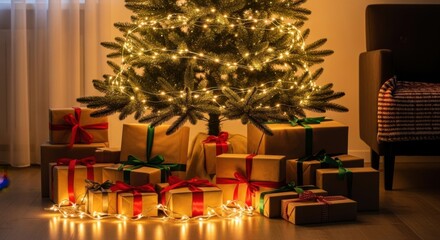 Beautifully decorated christmas tree with many presents underneath, illuminated by warm fairy lights in a cozy room