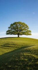 Fototapeta premium Solitary tree on a hill under a clear blue sky creating a serene scene