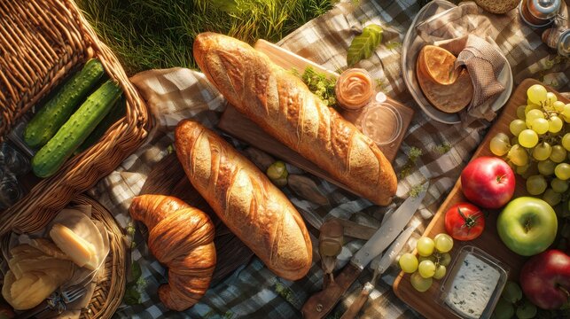 Countryside picnic with baguettes, croissants, fruits and cheese on grass, rustic outdoor summer lunch, healthy food lifestyle, fresh bread and seasonal fruits, natural light photography concept
