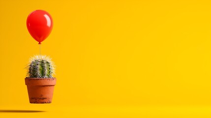 Playful cactus floats with a red balloon against a vibrant yellow background