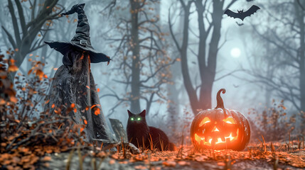 Eerie Halloween forest scene with ghost, black cat, and glowing jack-o'-lantern.