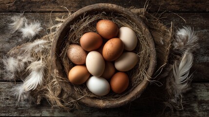Rustic wooden bowl filled with organic brown and white eggs on vintage wooden table with straw and feathers, natural farm still life composition, authentic country kitchen food background
