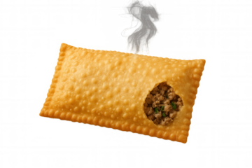 Crispy fried pastel stuffed with savory minced meat and herbs, releasing steam, on a transparent background. Appetizer or snack concept