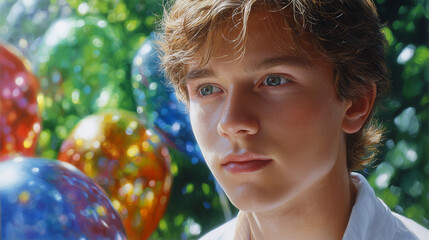 Young boy with thoughtful expression gazes into distance amidst vibrant, blurred balloons and lush greenery, capturing innocence and anticipation.