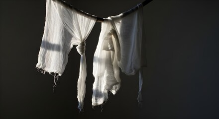 A white dress hanging in a dark room, creating a mysterious and eerie atmosphere.