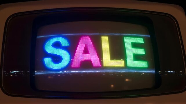 Retro cathode ray tube displaying a vibrant colorful "SALE"" text with vintage scanlines and glitch effect footage" - Powered by Adobe