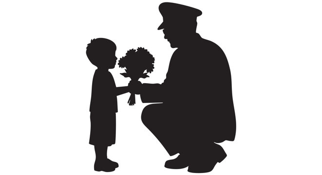 A poignant silhouette capturing a child giving flowers to their military veteran in uniform. Symbolizing love, appreciation, and the beautiful bond between family. - Powered by Adobe