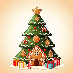 Naklejka premium A decorated Christmas tree with gingerbread house, candy canes, ornaments, and gifts, all in a festive, cartoon style.