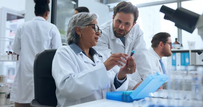 Medical, blood and sample with people in lab for outbreak research, investigation and virus antibody test. Collaboration, dna vial and vaccine with scientists in disease center for genome pathogens