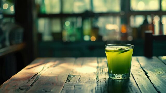 A vibrant green cocktail garnished with a slice of lemon and a sprig of mint, served in a stemmed glassware, sitting on a wooden table.