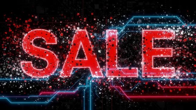 Animated red "sale"" text word with digital circuit board particles and futuristic data lines on black background footage."