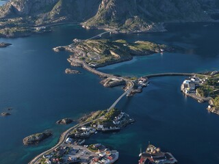 Lofoten islands aerial view showing coastal road bridges © Adilet Rakhmetolla