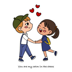Hand-drawn Valentine’s Day poster card with cute and romantic couple with  sweet love quote below