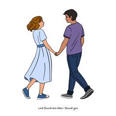 Hand-drawn Valentine’s Day poster card with cute and romantic couple with  sweet love quote below