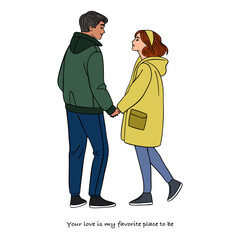 Hand-drawn Valentine’s Day poster card with cute and romantic couple with  sweet love quote below