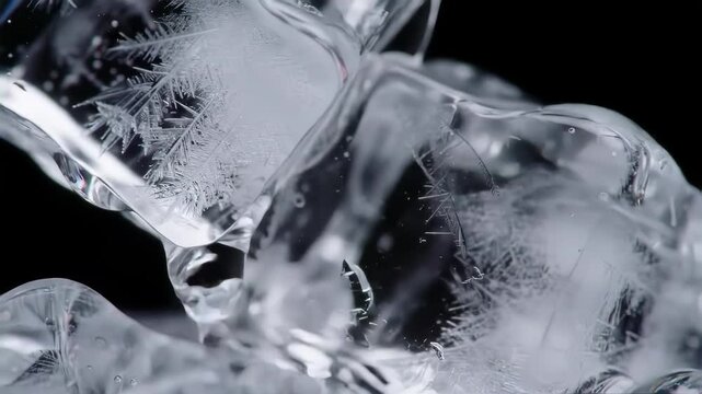 Ice chunks melt against a dark backdrop, featuring delicate crystallization for food and beverage designs