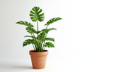 Obraz premium Vibrant Green Monstera Deliciosa Plant in Terracotta Pot Against Clean White Background Studio Shot