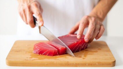 Obraz premium Chef's hands precisely slicing a vibrant red tuna filet on a bamboo cutting board, preparing ingredients for gourmet seafood dishes like sushi or sashimi