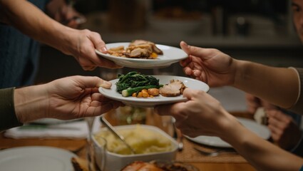 Family hands sharing holiday dinner plates with roasted pork, green vegetables, and carrots, passing food during a festive gathering meal at home