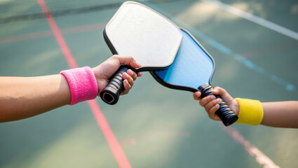 Pickleball players enjoying camaraderie and competition, holding paddles over a pickleball court, highlighting teamwork and sporting events