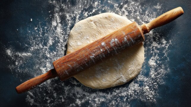 Close-up of fresh dough and wooden rolling pin on floured dark surface, rustic kitchen baking background ideal for artisan bread branding, recipe layouts, food blogs and culinary photography concepts - Powered by Adobe