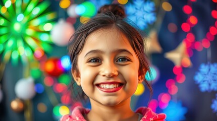 Fototapeta premium The girl smiles and looks at the camera as the New Year's fireworks explode in the street.