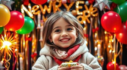 A girl is smiling in a winter hat in front of a Christmas tree and festive decorations on New Year's Eve