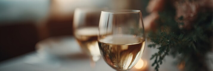 Obraz premium Two wine glasses on a table with a green plant in the background