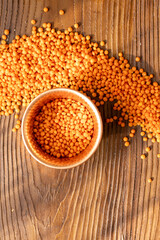 Raw Red Lentils in a Copper Bowl on a Wooden Table
