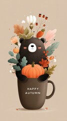 cute vector flat illustration of a bear in a coffee mug with a pumpkin and fall leaves, text "happy autumn"