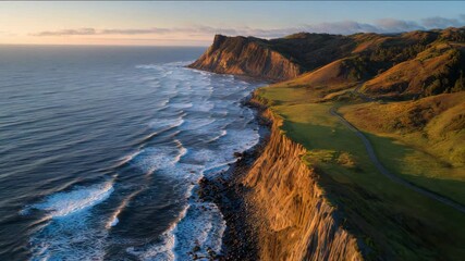 Stunning coastal landscape captured at sunset, with cliffs meeting the vast ocean and a road winding through the hills. - Powered by Adobe