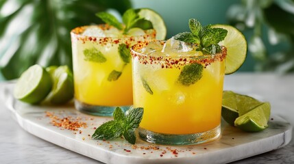 Fototapeta premium Three tropical cocktails with lime, mint, and chili rim on marble surface, bright summer sunlight, perfect refreshing drinks for bar advertising, social media, and lifestyle photography.