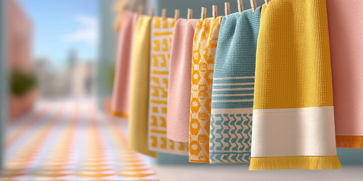 Colorful fresh towels hanging on clothesline drying outdoors - Powered by Adobe