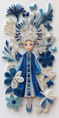 Paper quilling chinese opera doll with blue and white flowers