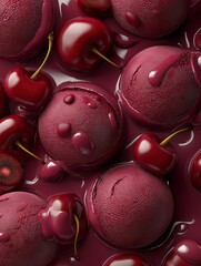 Cherry ice cream scoops melting in sauce
