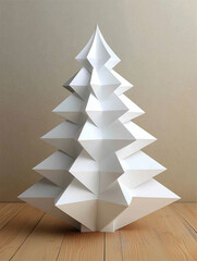 White minimalist origami paper christmas tree on wood