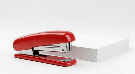 Essential office tools a bright red stapler and a neat pile of blank paper on white