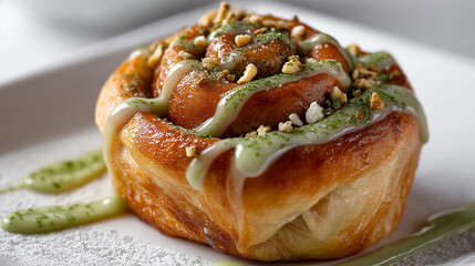 Cinnamon roll with matcha icing and chopped nuts