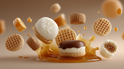 Caramel dessert explosion creating sweet waffles and syrup splash