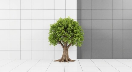 A single green tree stands tall against a contrasting background of white and grey tiles, symbolizing growth and nature