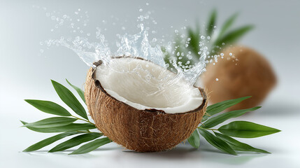 Fresh coconut water splashing out of halved fruit