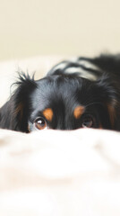 Little black and tan puppy peeking over blanket