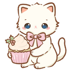 Cute white cat with big blue eyes holding Christmas cupcake with holly and pink bow kawaii kitten holiday dessert illustration pastel coquette Christmas art cozy festive winter design