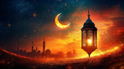 Fototapeta premium Ramadan Lantern and Crescent Moon over Cityscape at Dusk.
