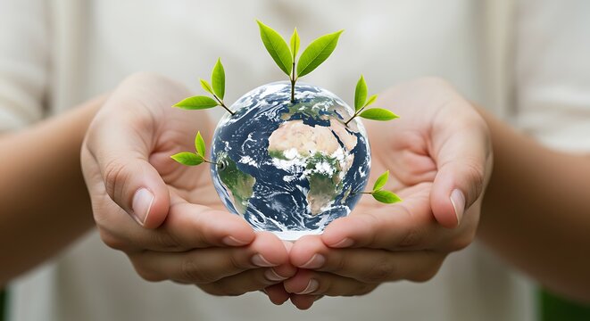Hands cradling a miniature Earth with sprouting plants, symbolizing environmental protection