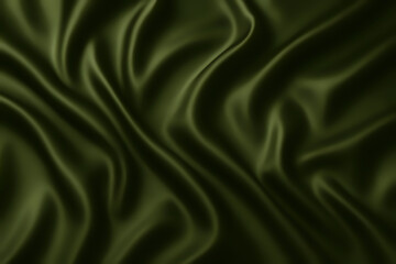 Elegant close-up of olive green silk fabric with soft folds and gentle highlights. Smooth, glossy texture reflecting warm light creates a luxurious and sophisticated background for design projects.