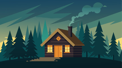 A lone cabin nestled within the pine forest with smoke rising from the chimney and inviting warmth radiating from within.