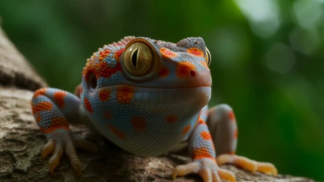 Colorful tokay gecko lizard resting on tree branch